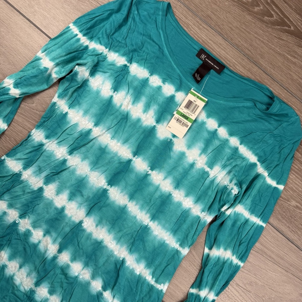 Inc Women's 3/4 Sleeve Striped Tie Dye Top Turquoise White New